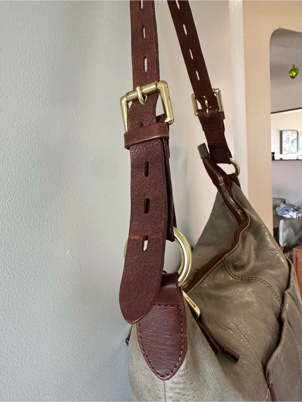 HOBO Olive Brown Leather Hobo Shoulder Bag with Dark Brown Strap